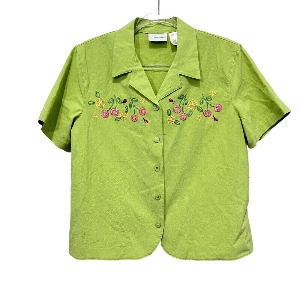 Alfred Dunner Shirt Women Size 14 Cherry Ladybugs Embroidered Sequins New Green